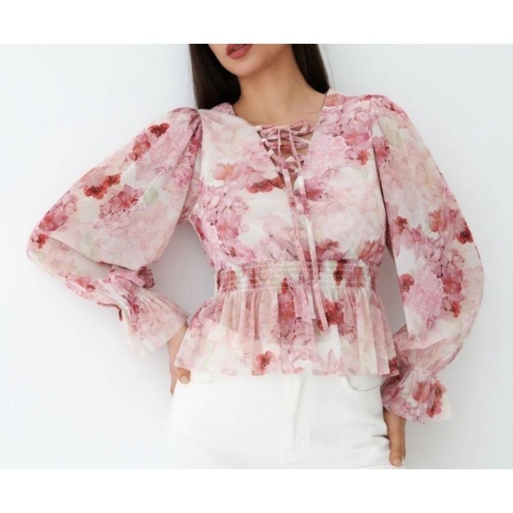 Mohito Women's XL Pink Red Floral Peplum Semi Sheer‎ Fairy Whimsical Blouse